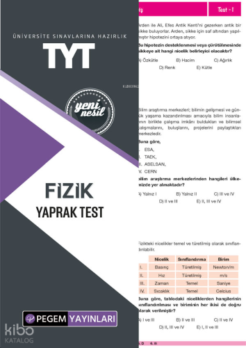 Pegem Akademi Yayıncılık TYT Fizik Yaprak Test
