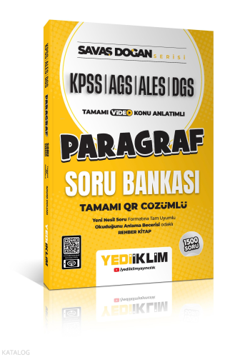 Yediiklim Yayınları AGS KPSS ALES DGS Savaş Doğan Serisi Paragraf Tamamı Video Konu Anlatımlı ve Tamamı QR Çözümlü Soru Bankası
